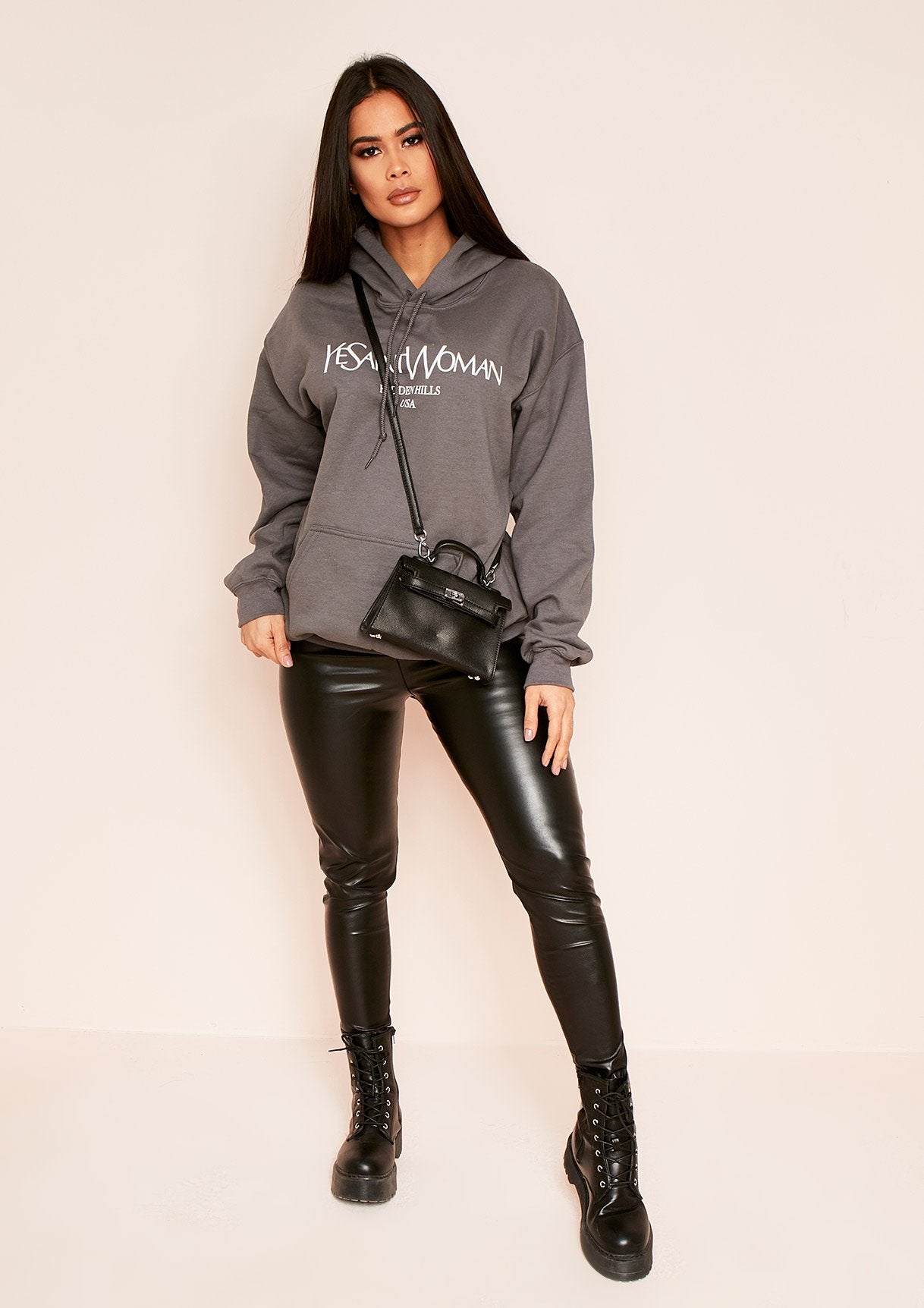 Ava Charcoal Woman Slogan Oversized Hoodie