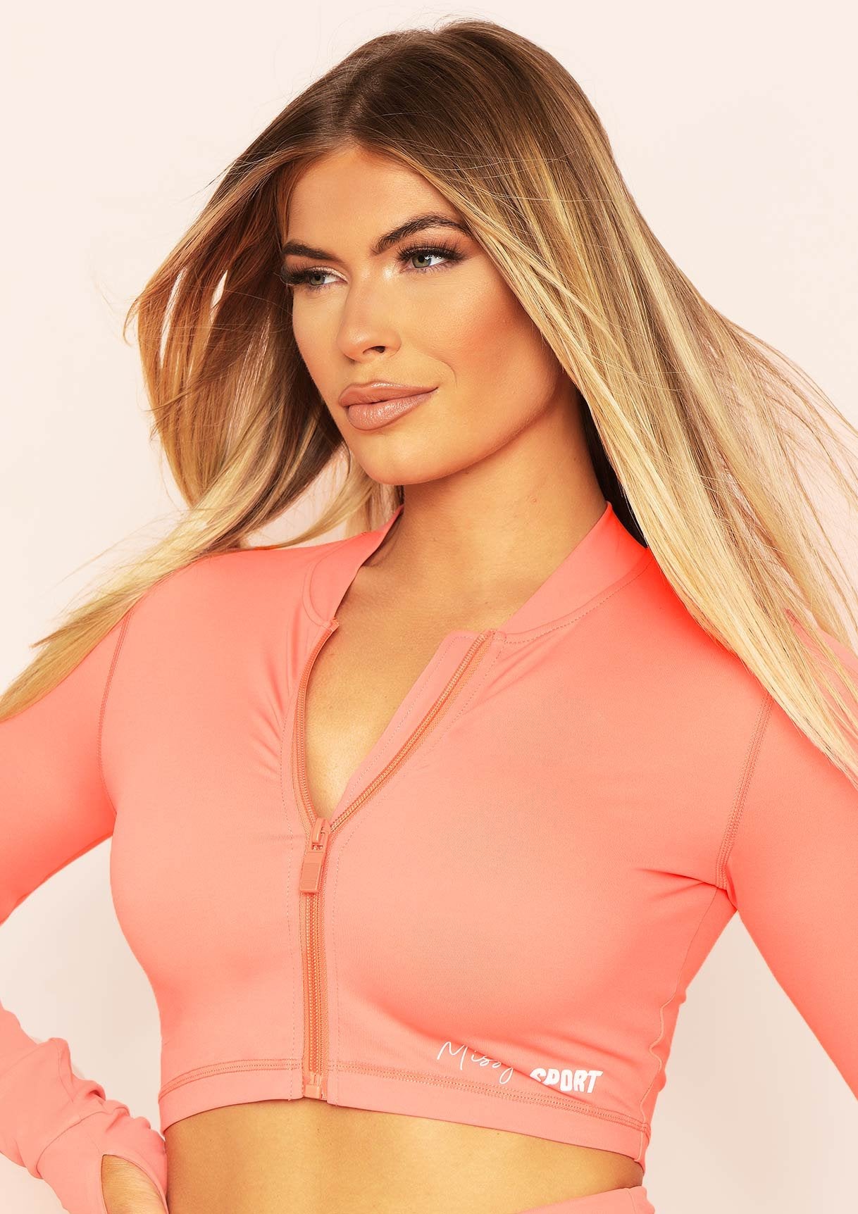 Aria Peach Missy Sport Zip Through Cropped Gym Jacket