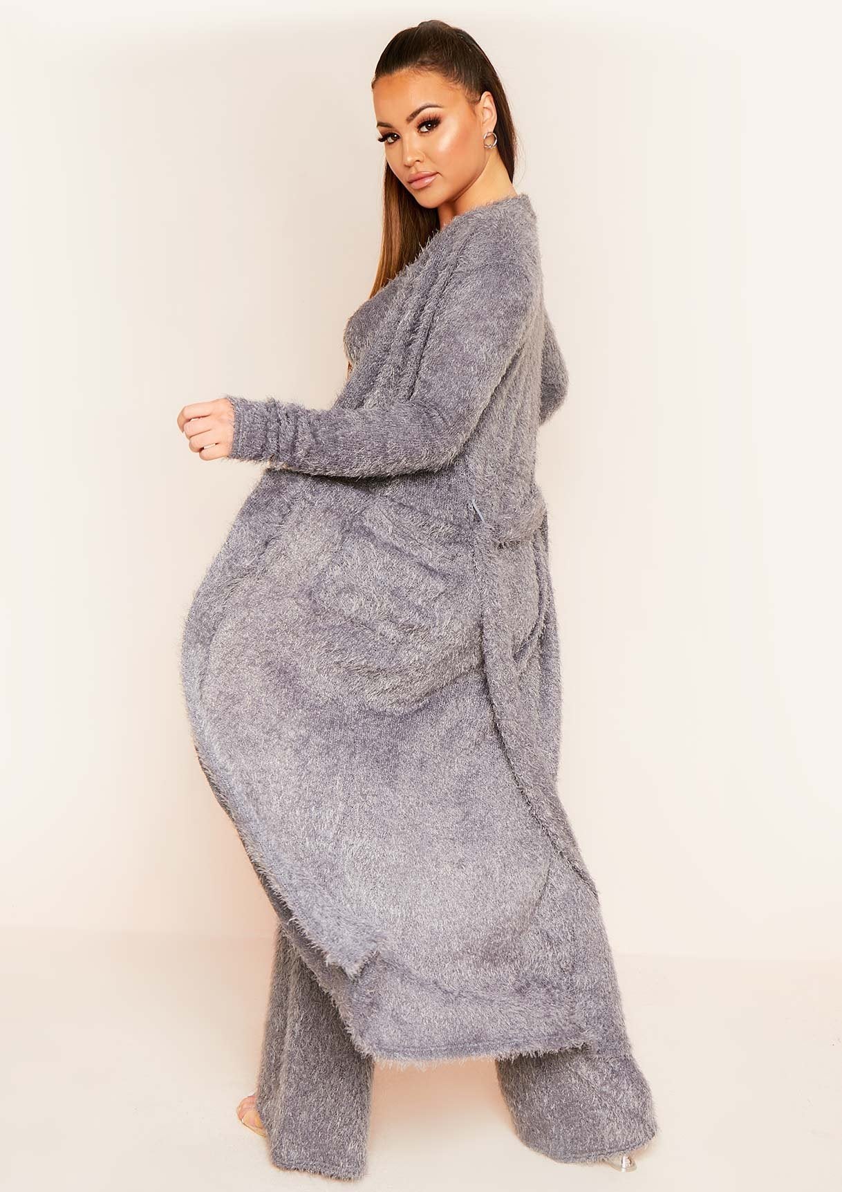 Kara Grey Fluffy Knit Pocket Front Maxi Cardigan