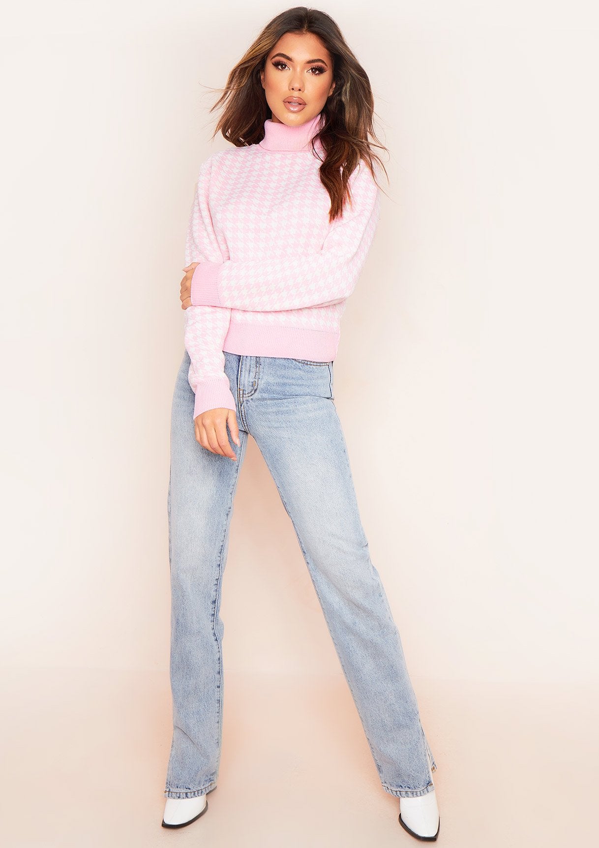 Megan Cream and Pink Dogtooth Roll Neck Jumper