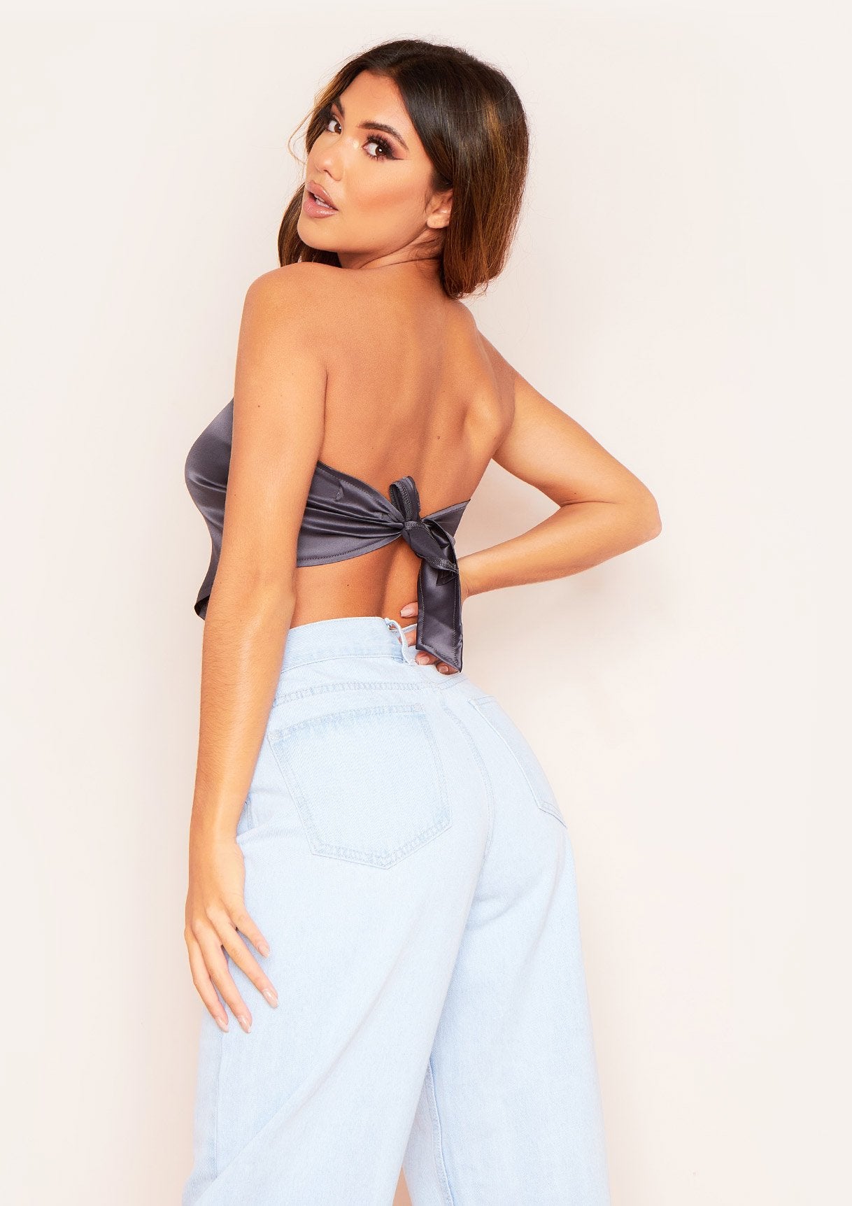 Layla Charcoal Satin Tie Back Crop Top