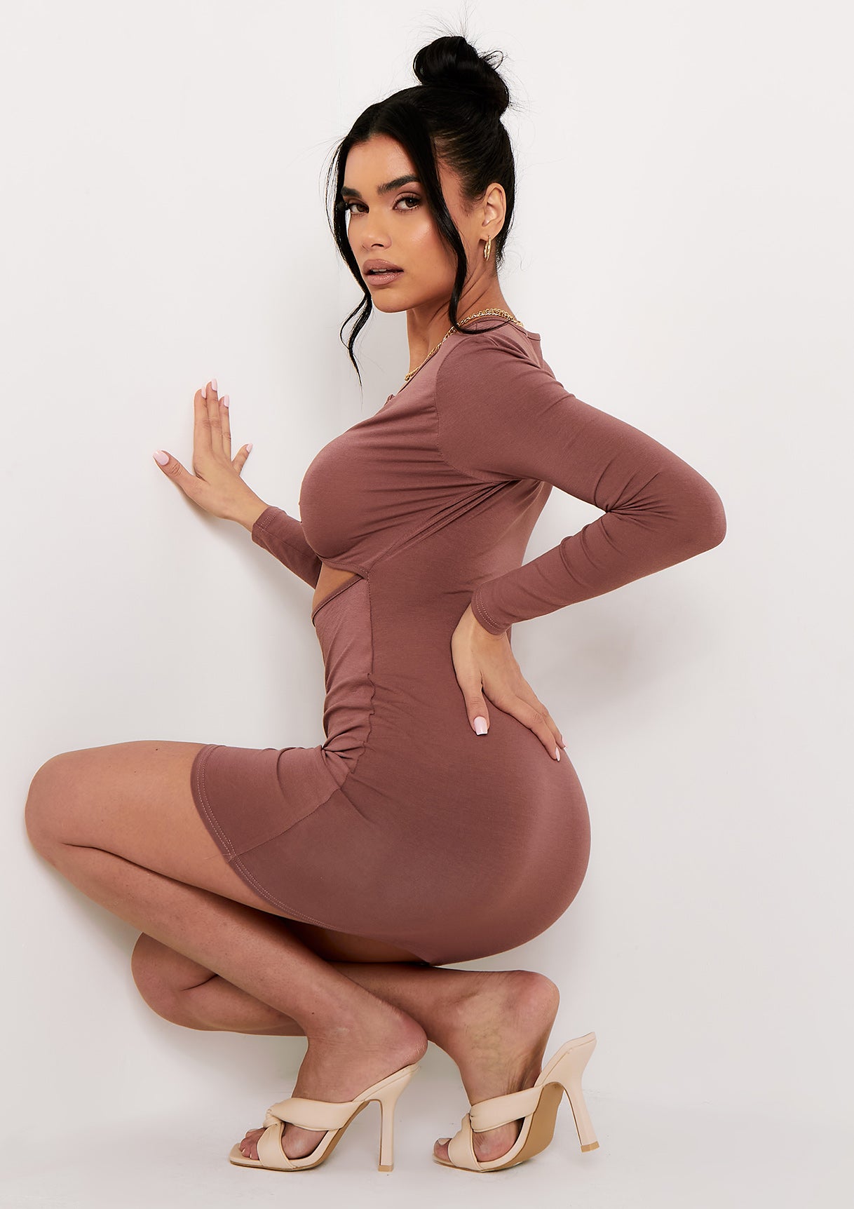 Charlotte Mocha Long Sleeve Knot Front Cut Out Mini Dress