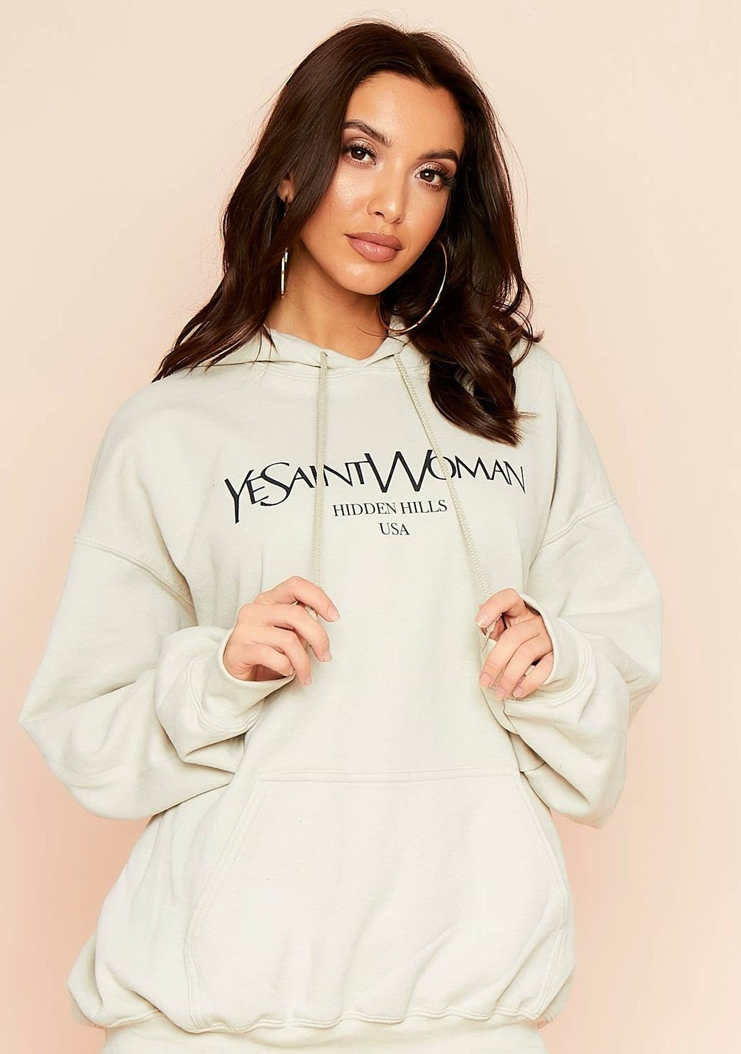 Ava Sand Woman Slogan Oversized Hoodie