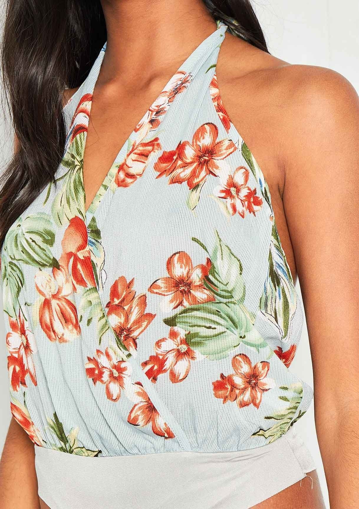 Helena Blue Floral Crepe Halterneck Bodysuit