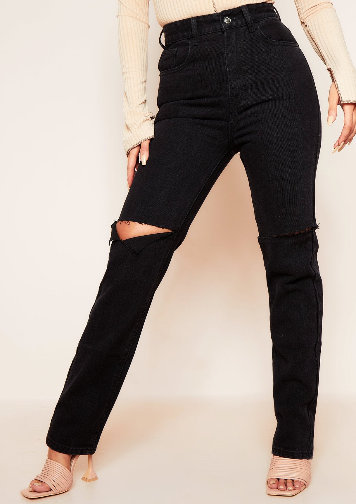 Kady Black Slashed Knee Straight Leg Jeans