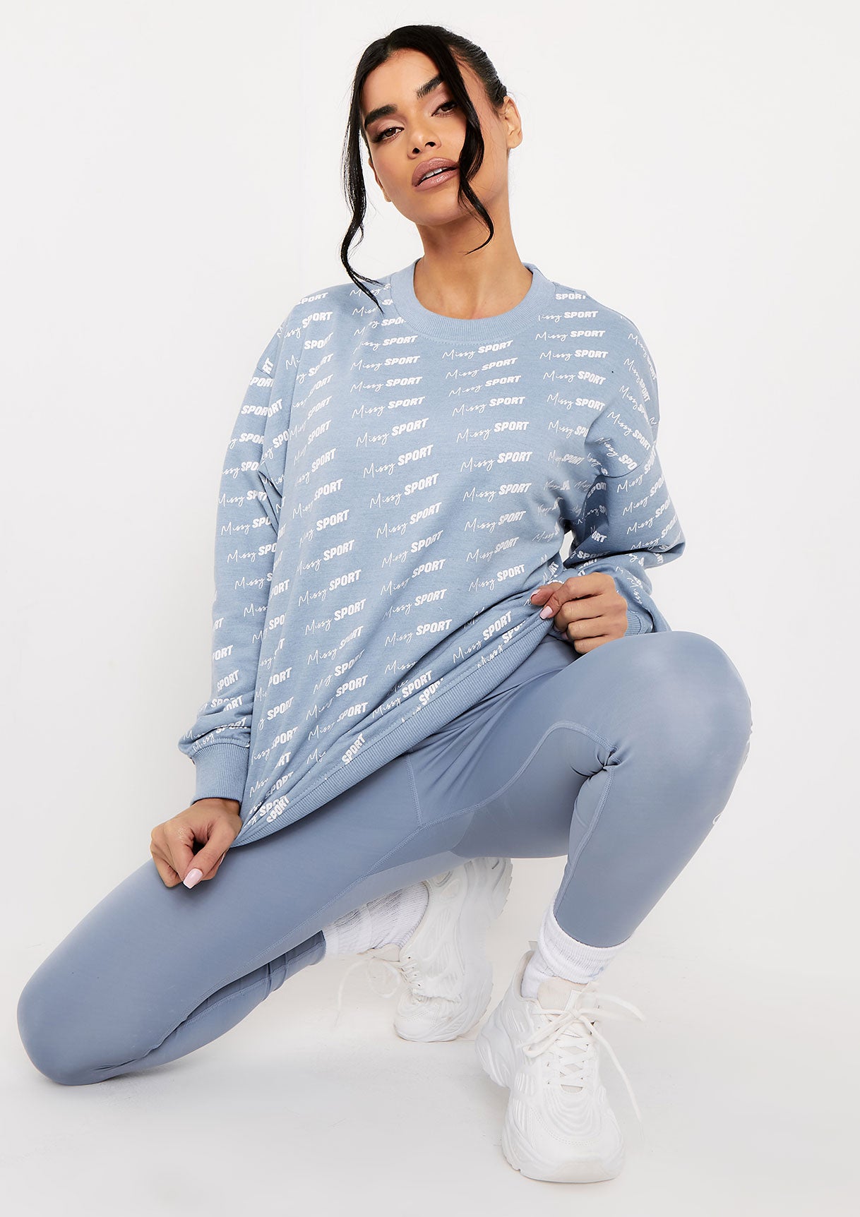 Cali Mid Blue Missy Sport Repeat Branded Print Oversized Sweatshirt