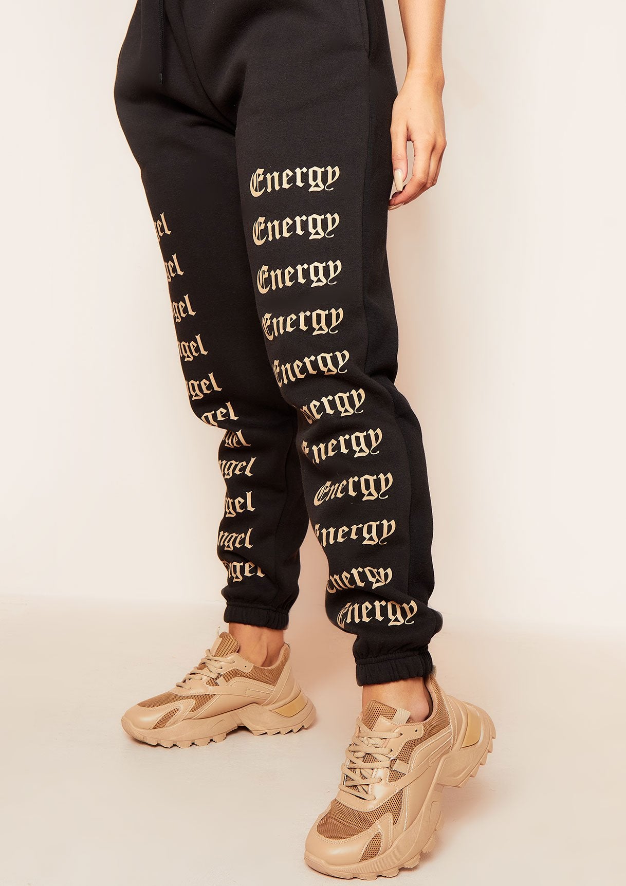 Melila Black and Beige Angel Energy Slogan Joggers