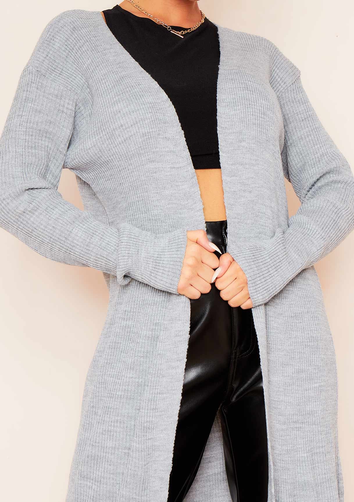 Leana Grey Fine Rib Knitted Midaxi Cardigan