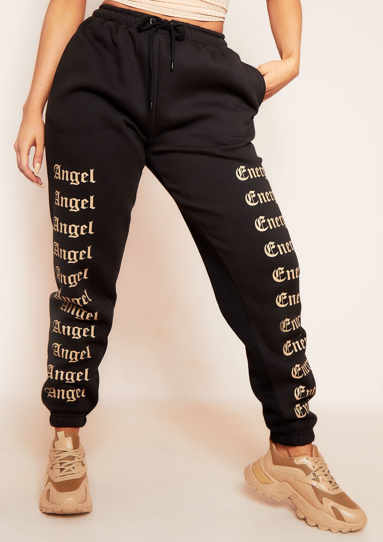 Melila Black and Beige Angel Energy Slogan Joggers