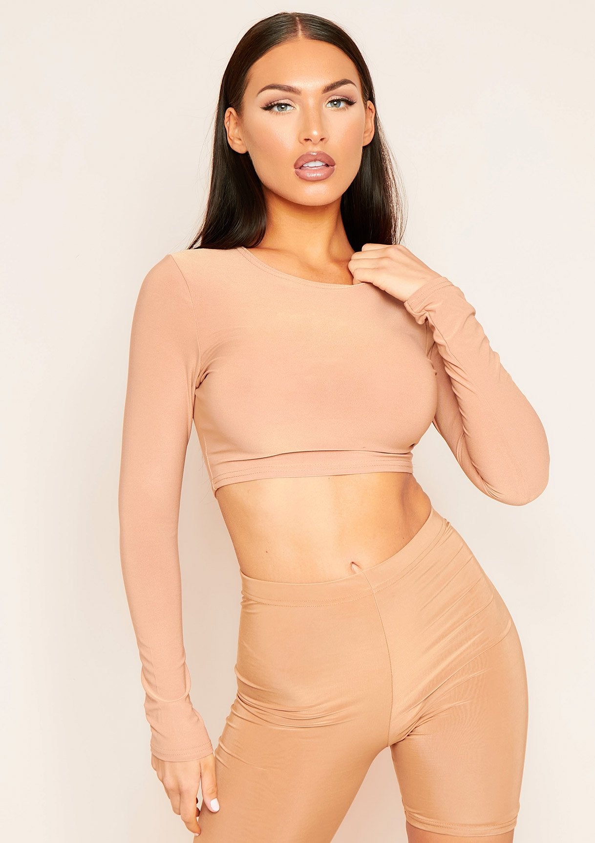 Amida Camel Long Sleeve Crew Neck Smooth Crop Top