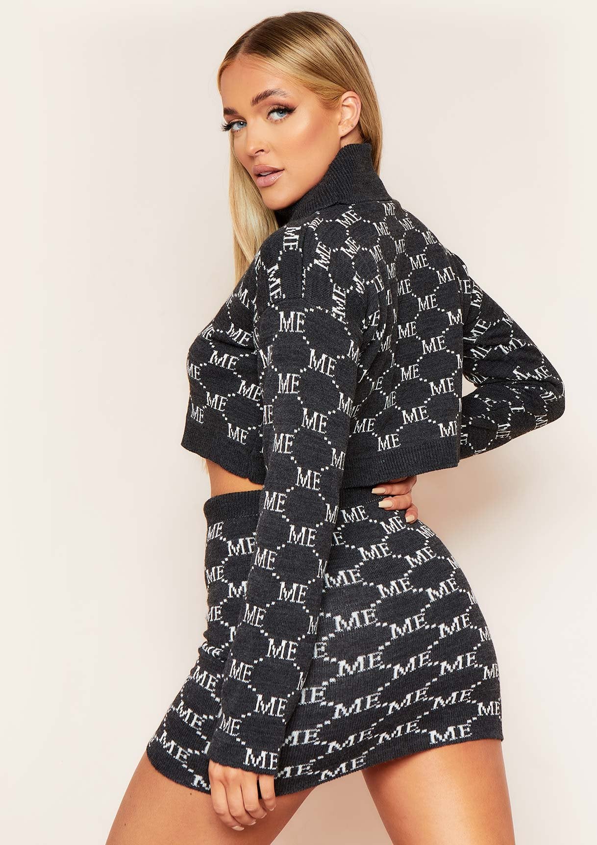 Carly Charcoal Missy Empire Print Knitted Roll Neck Cropped Jumper