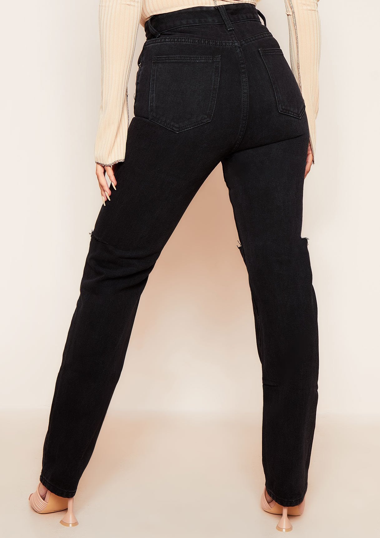 Kady Black Slashed Knee Straight Leg Jeans