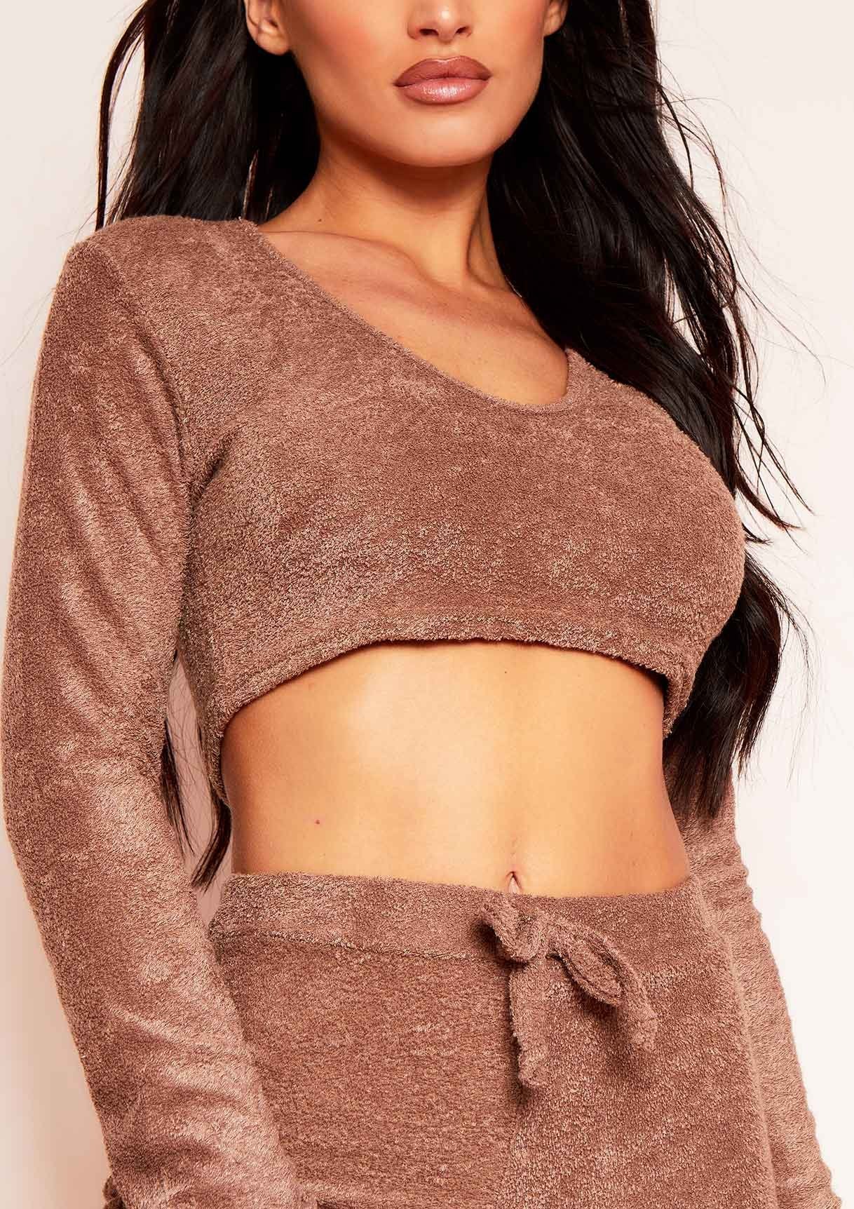 Lila Mocha Soft Towelling Plunge Neck Long Sleeve Crop Top