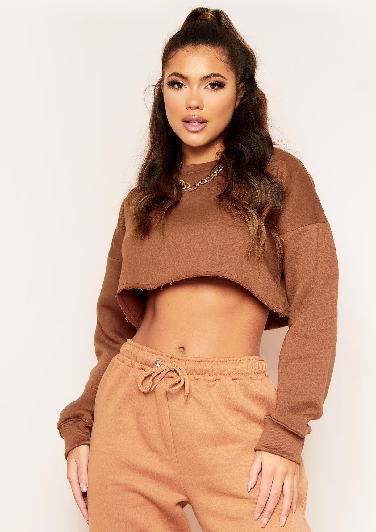 Melanie Chocolate Raw Hem Crew Neck Cropped Sweater