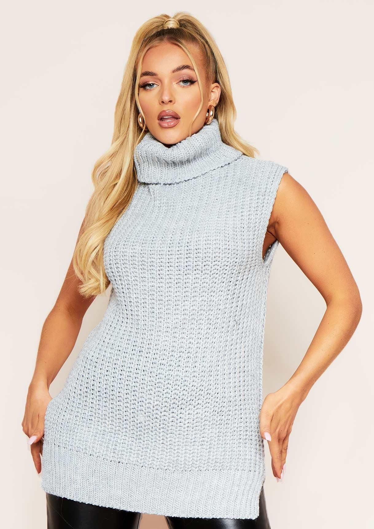 Maycee Light Grey Roll Neck Sleeveless Knitted Jumper