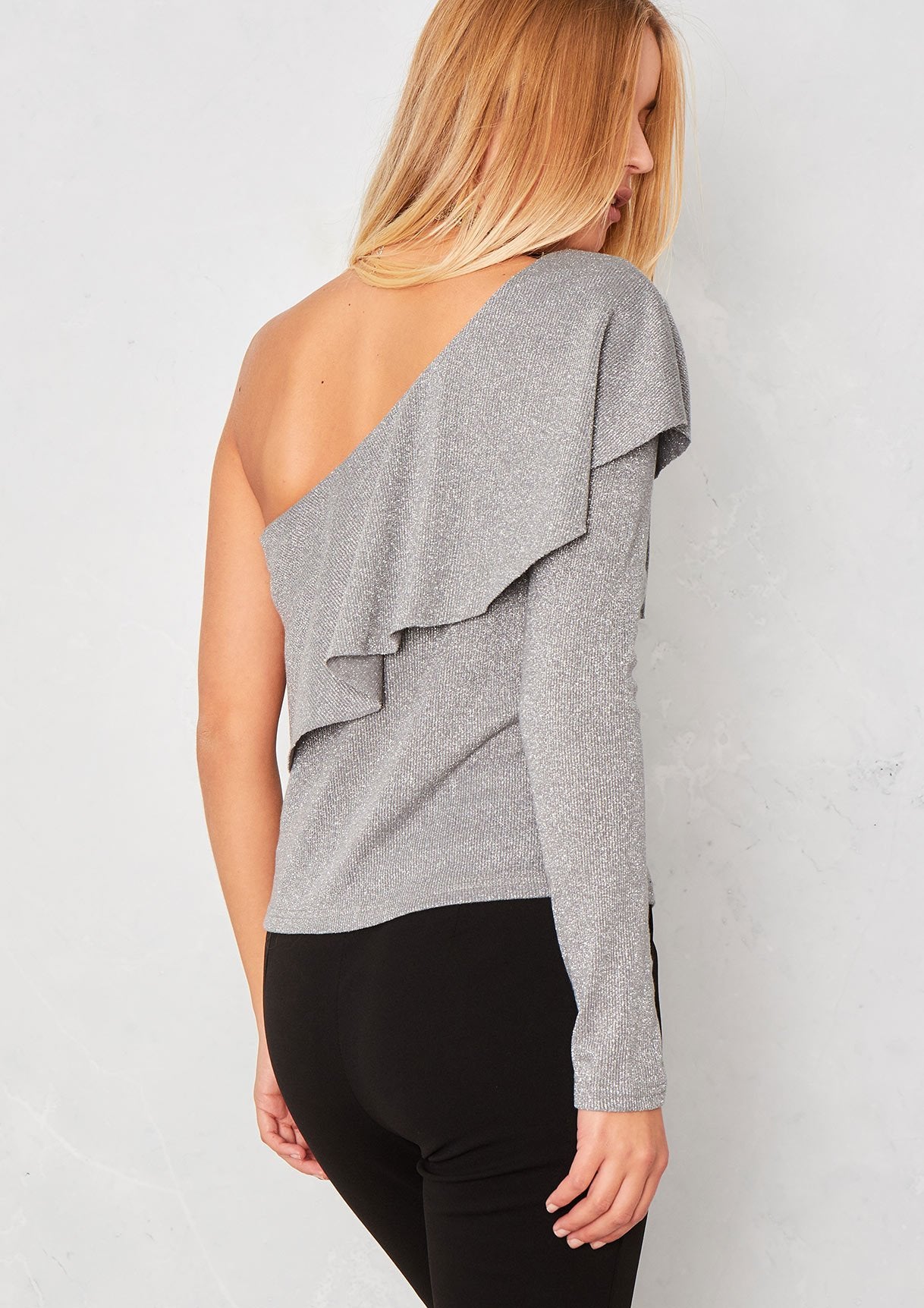 Brisa Grey Lurex Frill One Shoulder Top