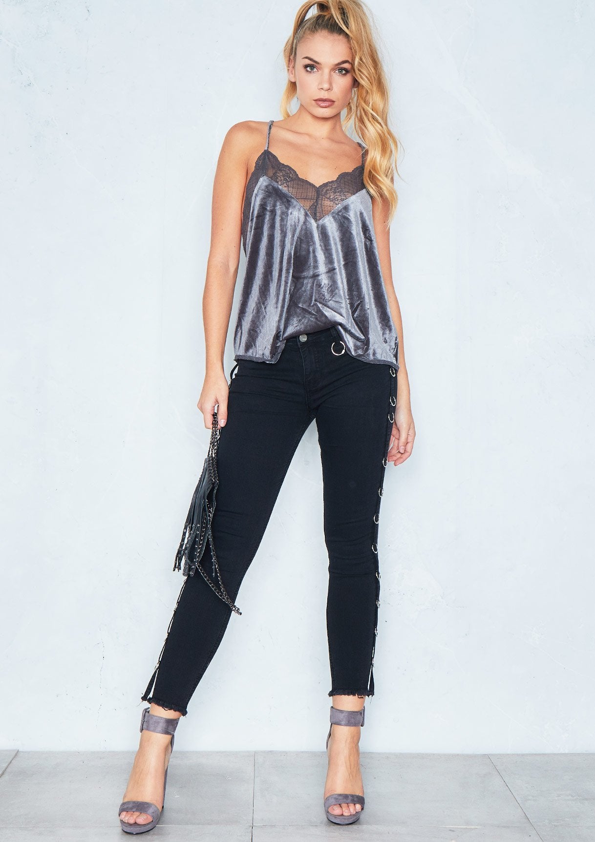 Carissa Grey Crushed Velvet Lace Cami Top