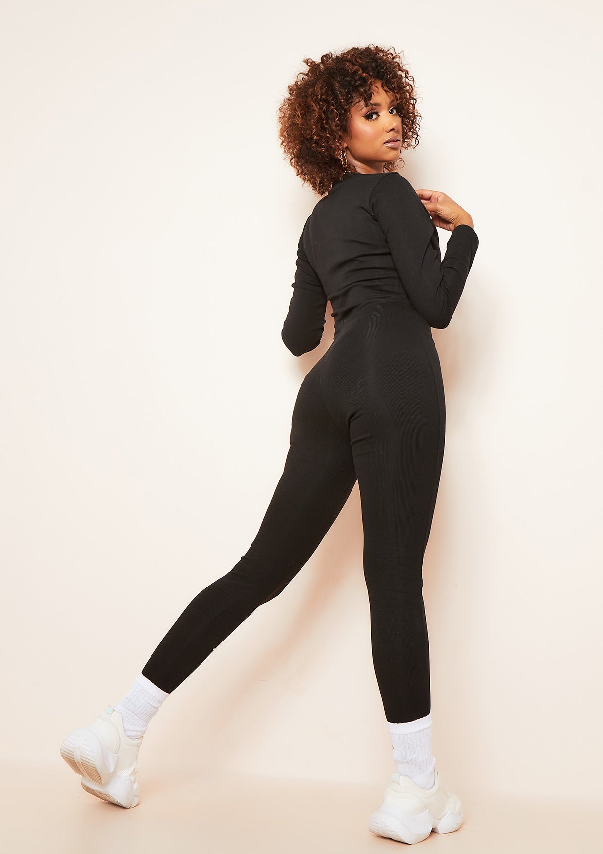 Elissa Black Long Sleeve Plunge Zip Up Jumpsuit