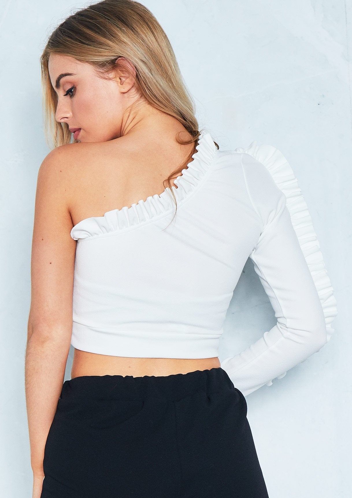 Alisha Cream Ruffle One Shoulder Crop Top