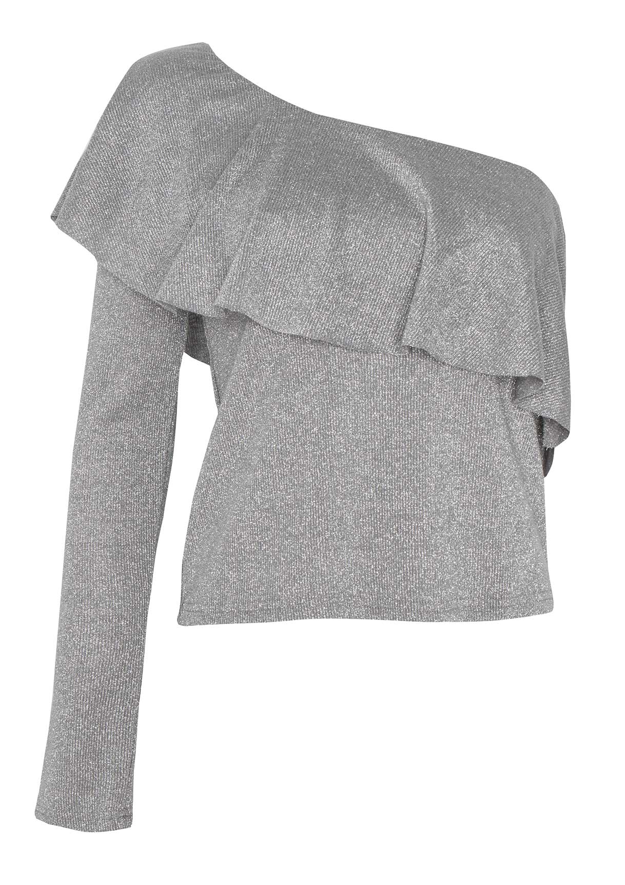 Brisa Grey Lurex Frill One Shoulder Top