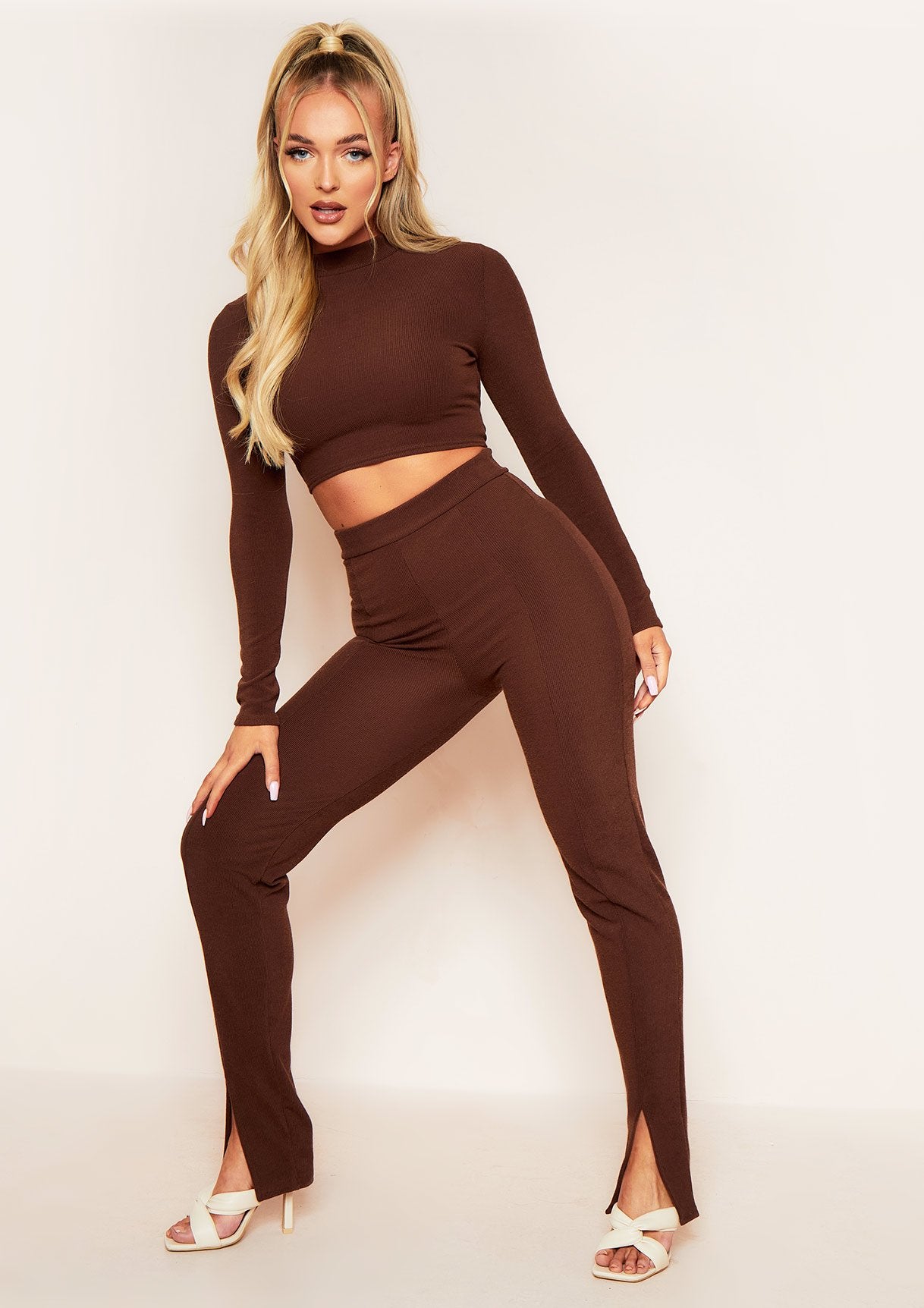 Jaz Chocolate Ribbed Split Front Leggings