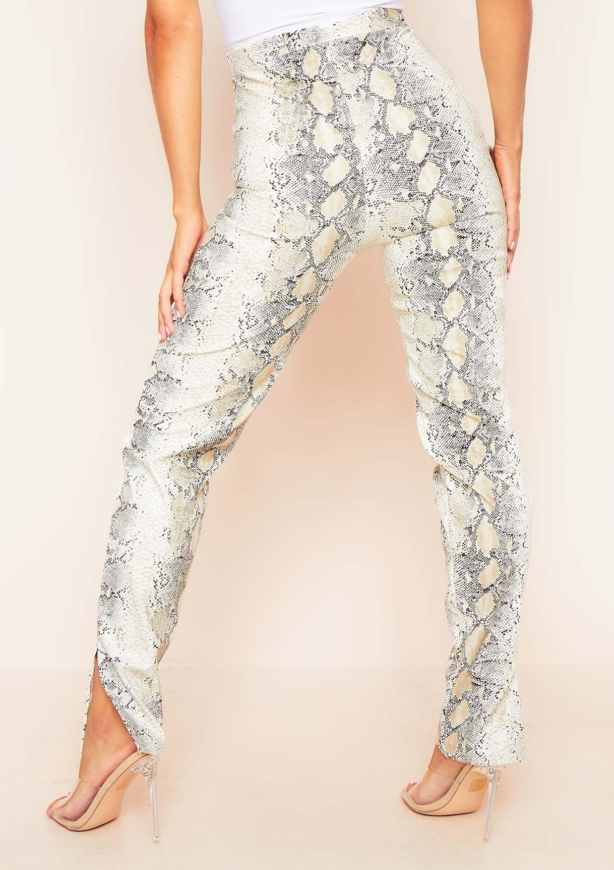 Khloe White Snake Print Vegan Leather Side Split Leggings