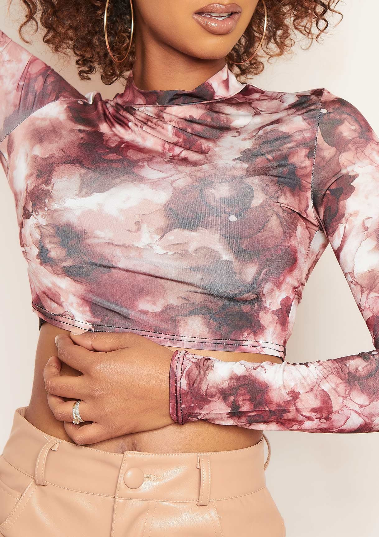 Alice Wine Smoke Print High Neck Long Sleeve Slinky Crop Top