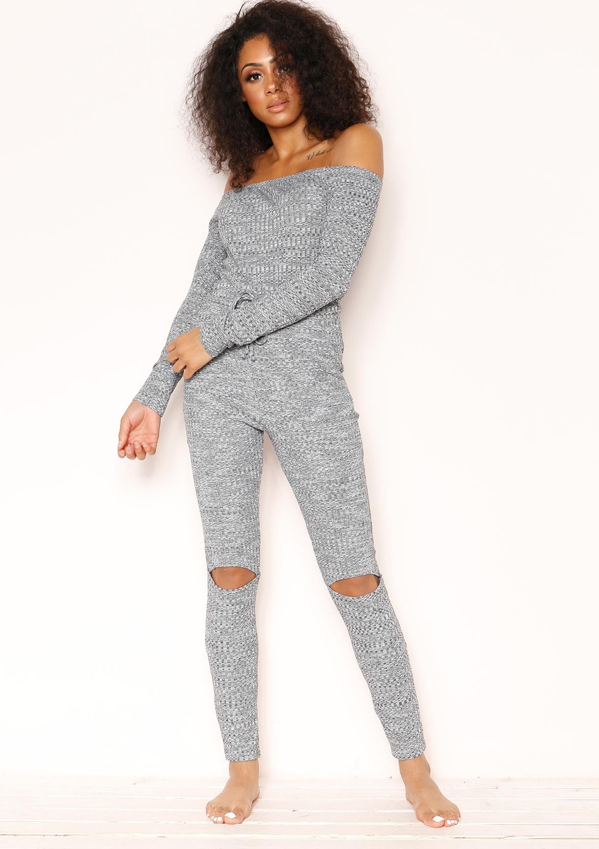 Allie Grey Knit Ripped Knee Bardot Jumpsuit