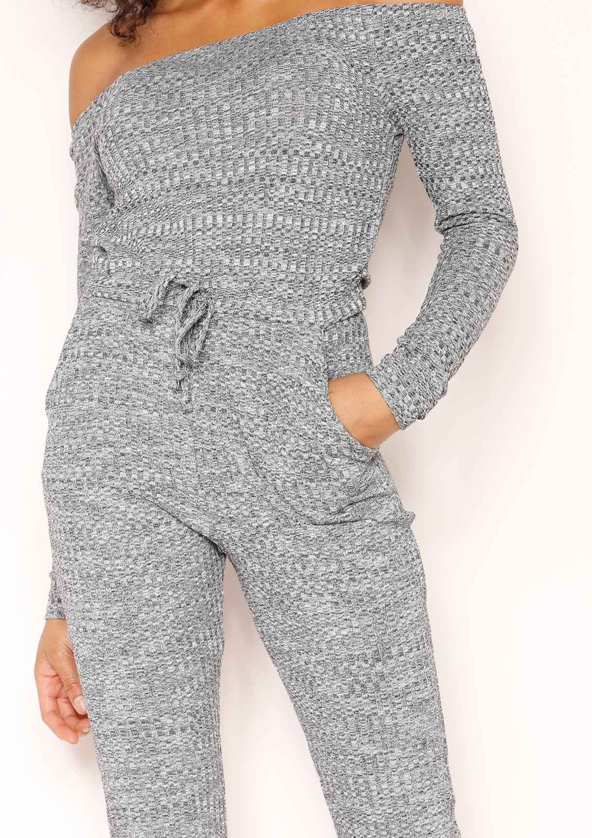 Allie Grey Knit Ripped Knee Bardot Jumpsuit