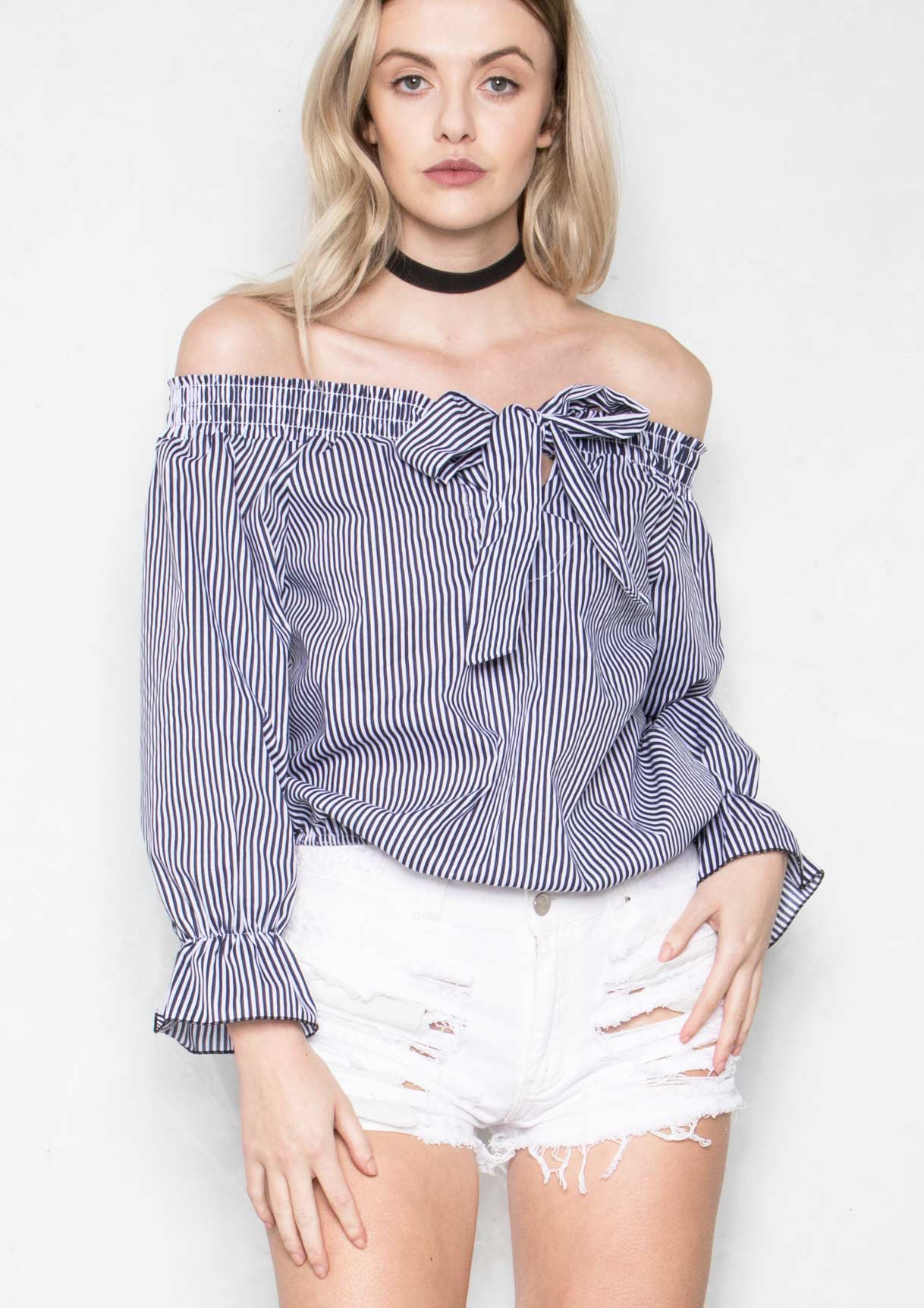 Leana Black Monochrome Pinstriped Top