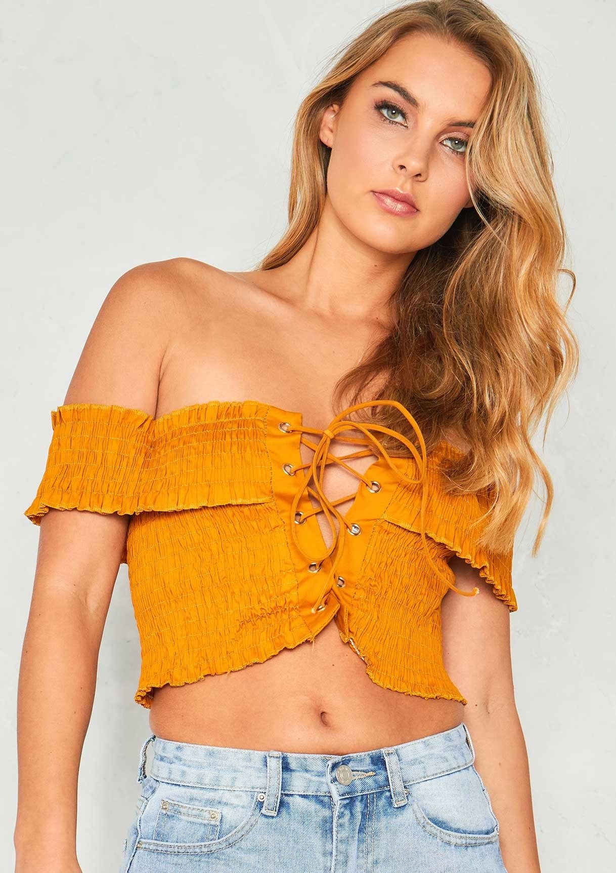 Jemma Mustard Lace Up Smock Bardot Crop Top