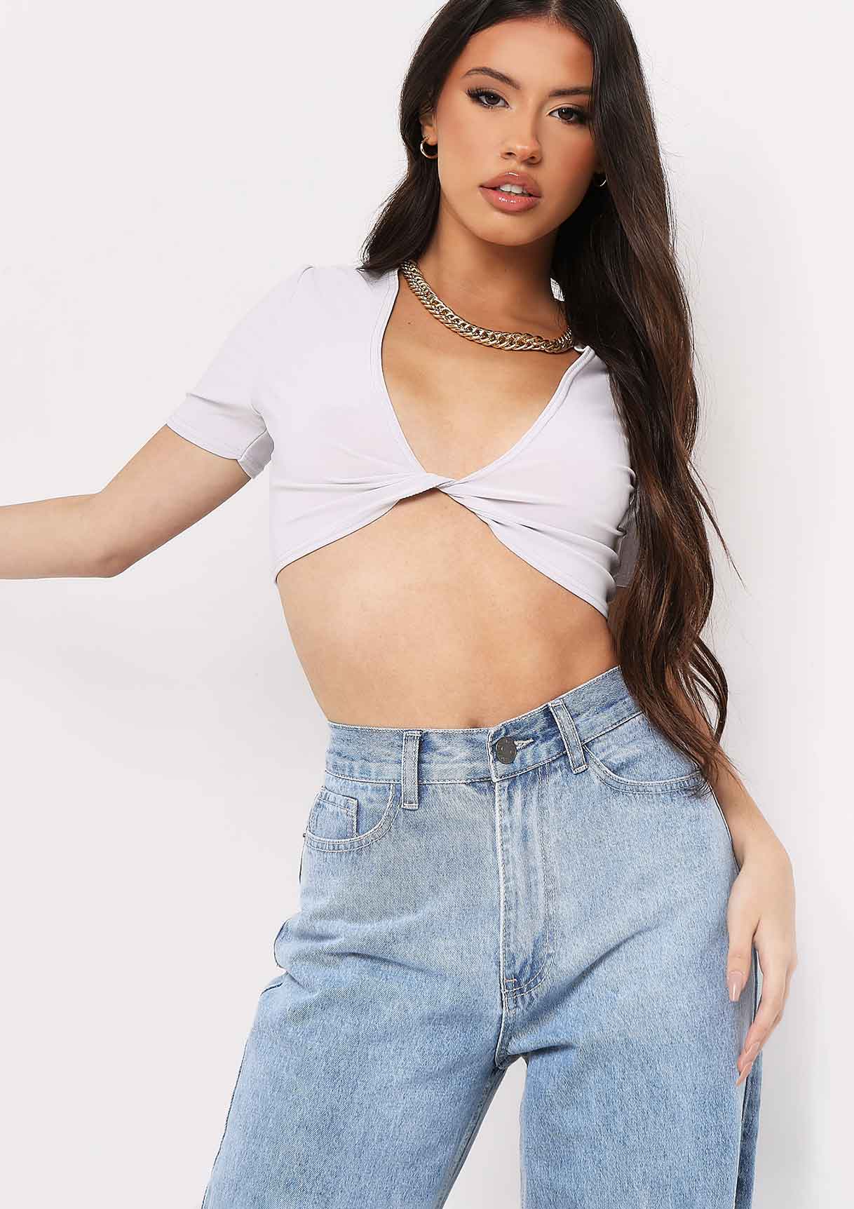 Maya Grey Slinky Twist Front Crop Top