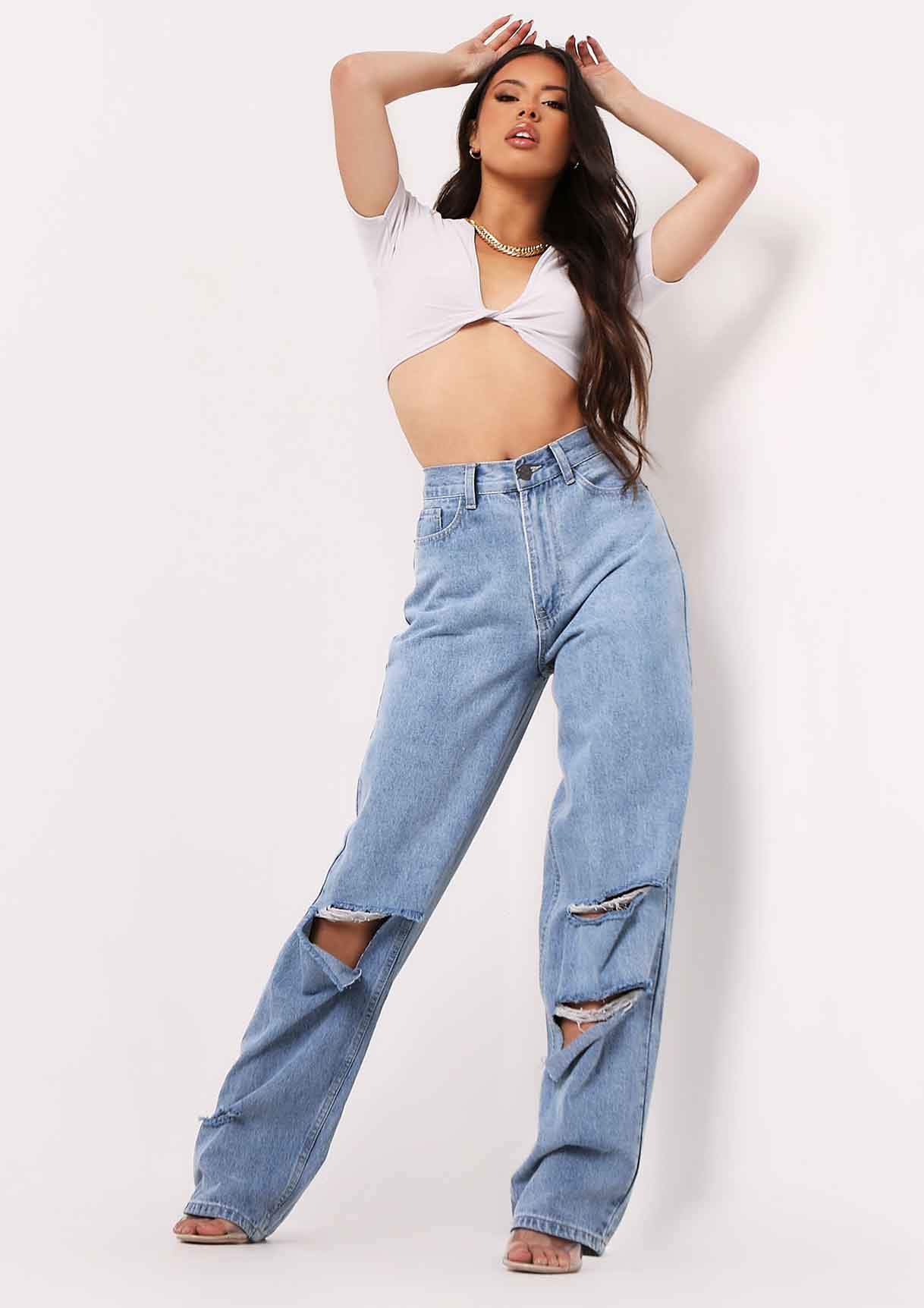 Maya Grey Slinky Twist Front Crop Top