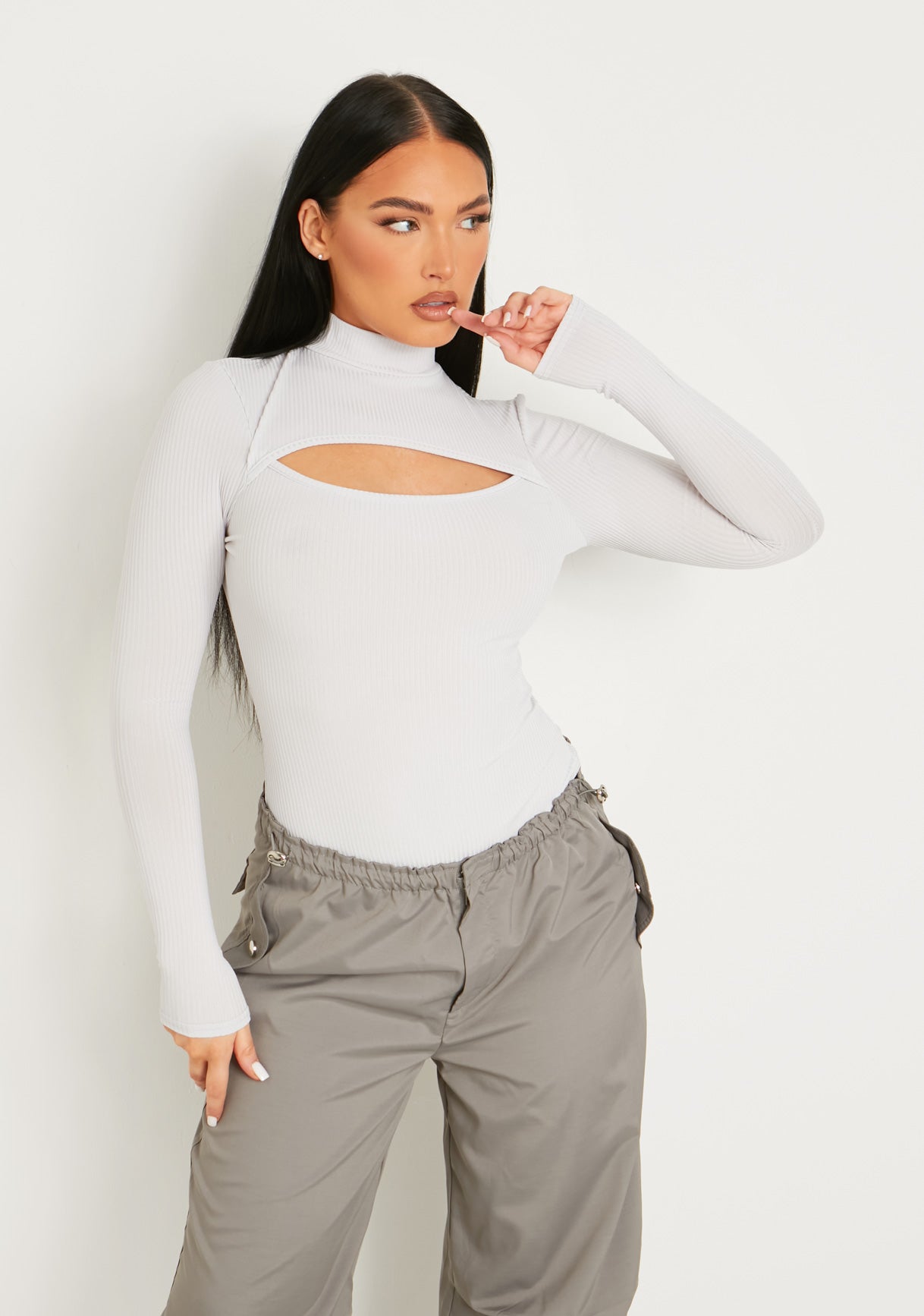 Jayla Grey Ribbed Cut Out Turtle Neck Bodysuit