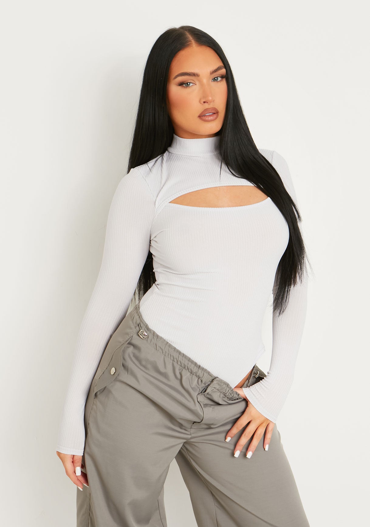 Jayla Grey Ribbed Cut Out Turtle Neck Bodysuit