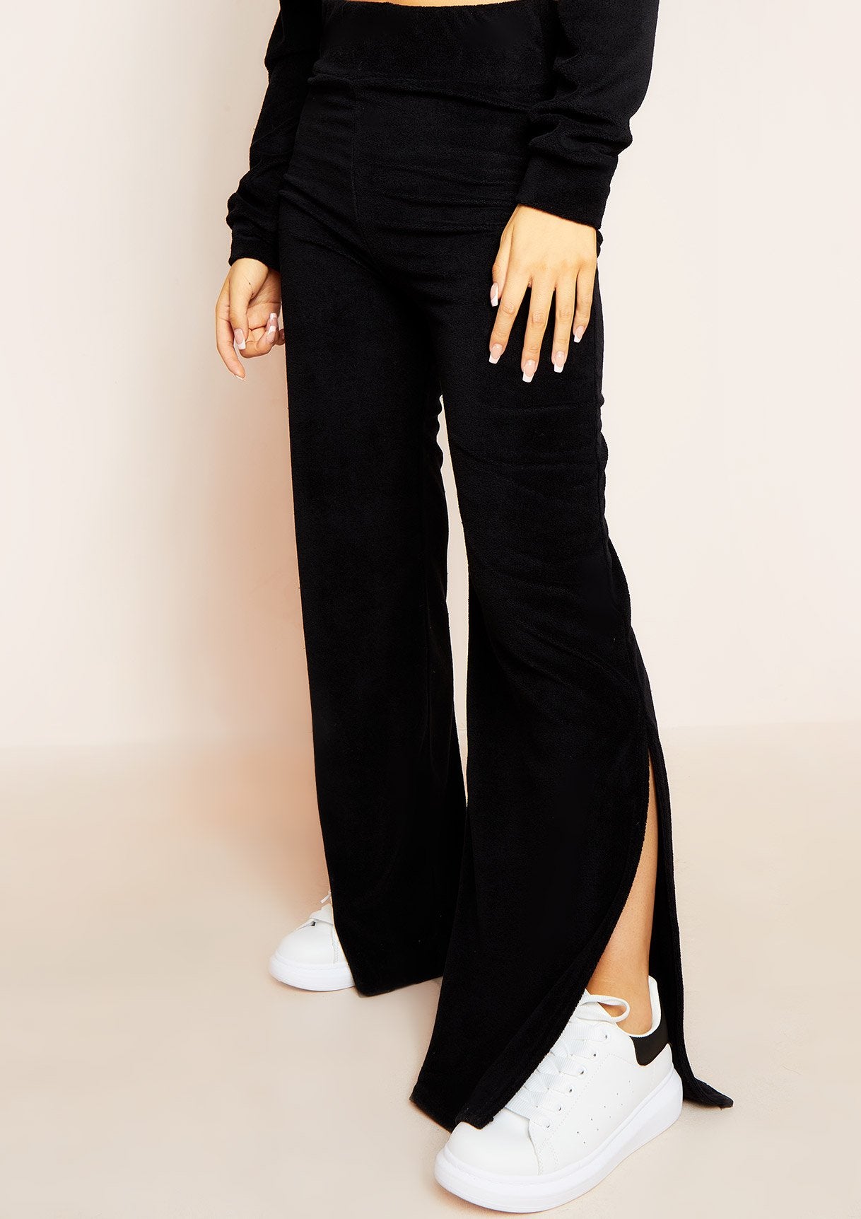 Belle Black Velour Split Hem Joggers