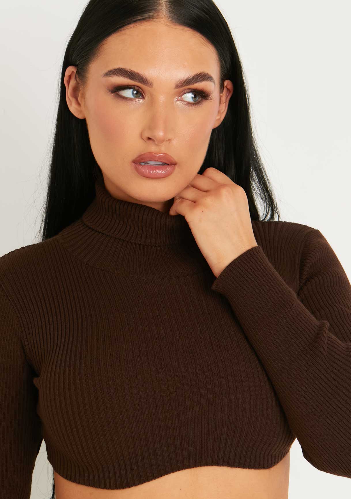 Agnese Chocolate Super Crop Roll Neck Knitted Jumper