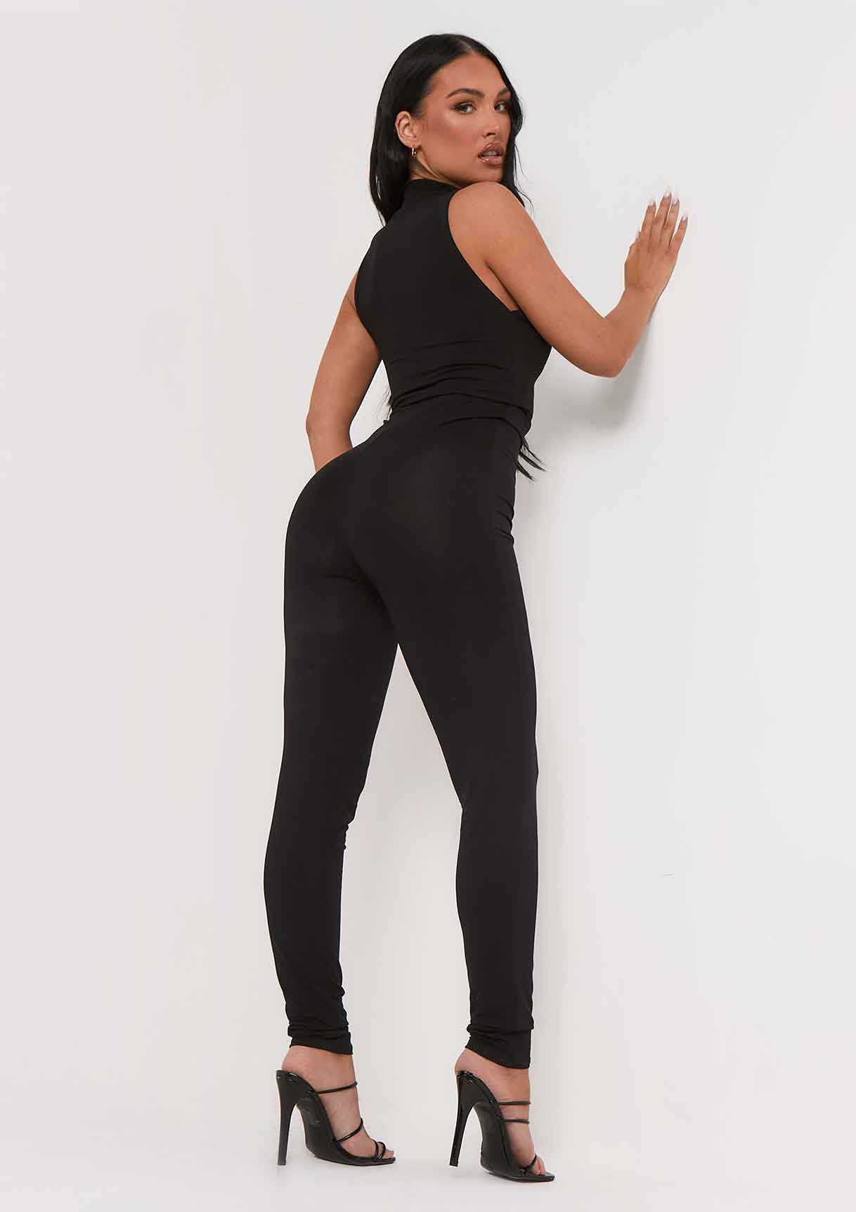 Lauren Black Sleeveless Thick Jersey Zip Up Jumpsuit