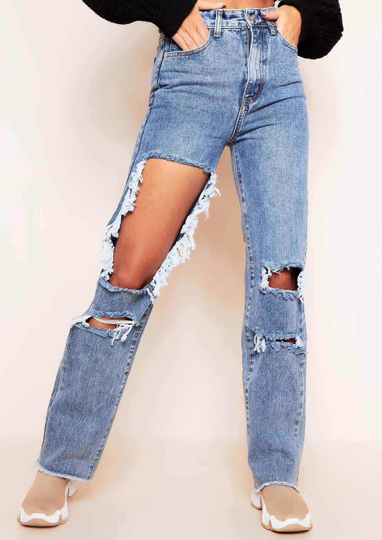 Cyntoia Blue Mid Wash High Waisted Cut Out Ripped Denim Straight Leg Jeans