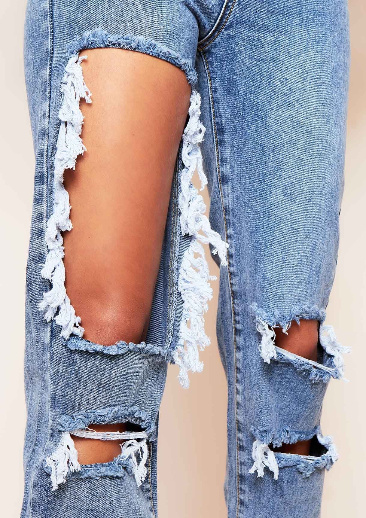 Cyntoia Blue Mid Wash High Waisted Cut Out Ripped Denim Straight Leg Jeans