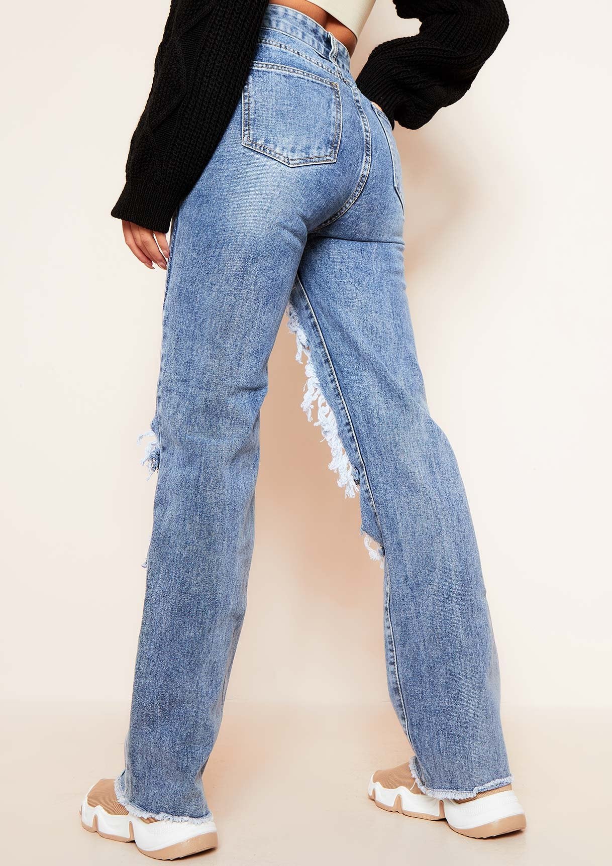 Cyntoia Blue Mid Wash High Waisted Cut Out Ripped Denim Straight Leg Jeans