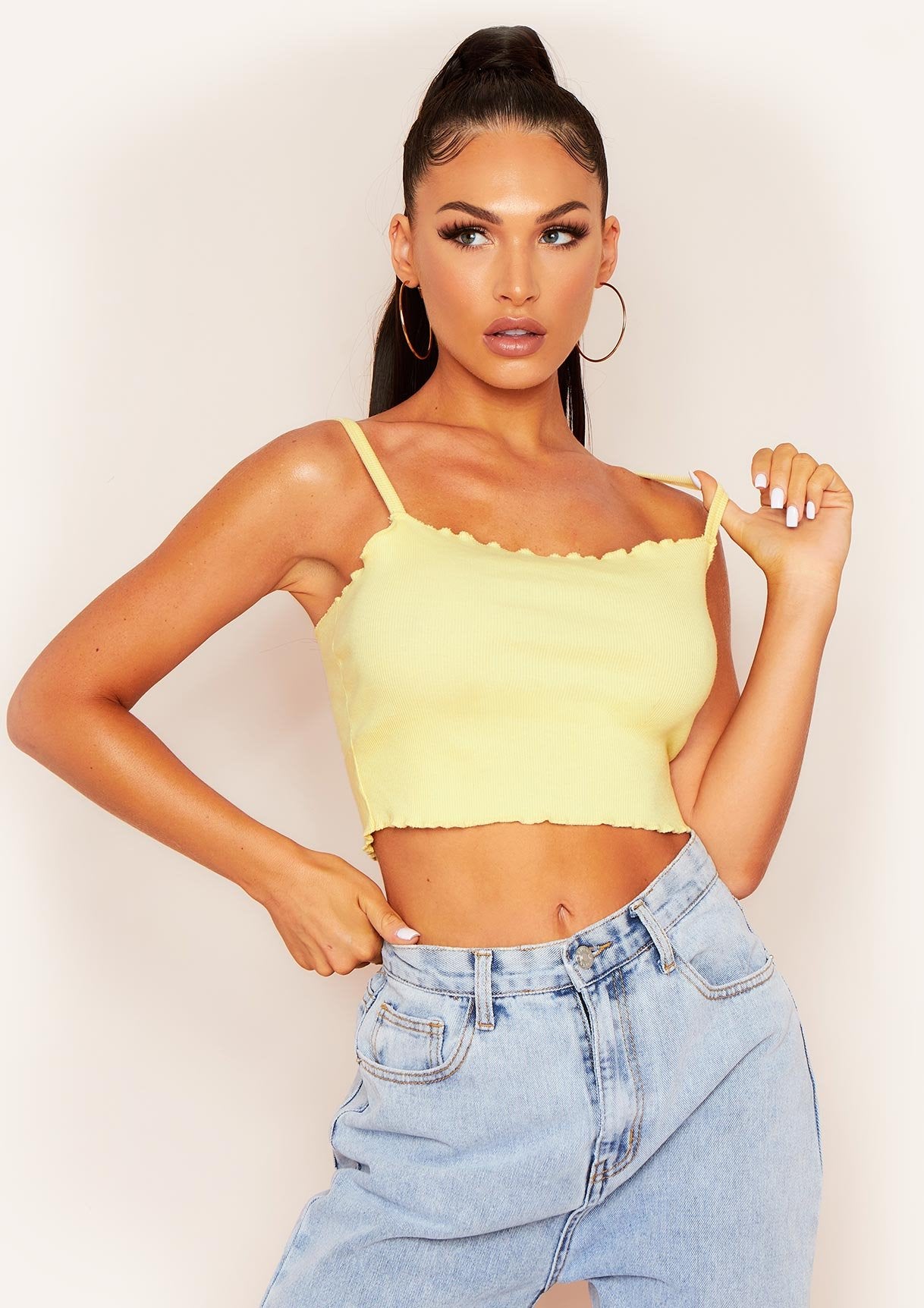 Faye Lemon Yellow Frill Hem Ribbed Crop Top