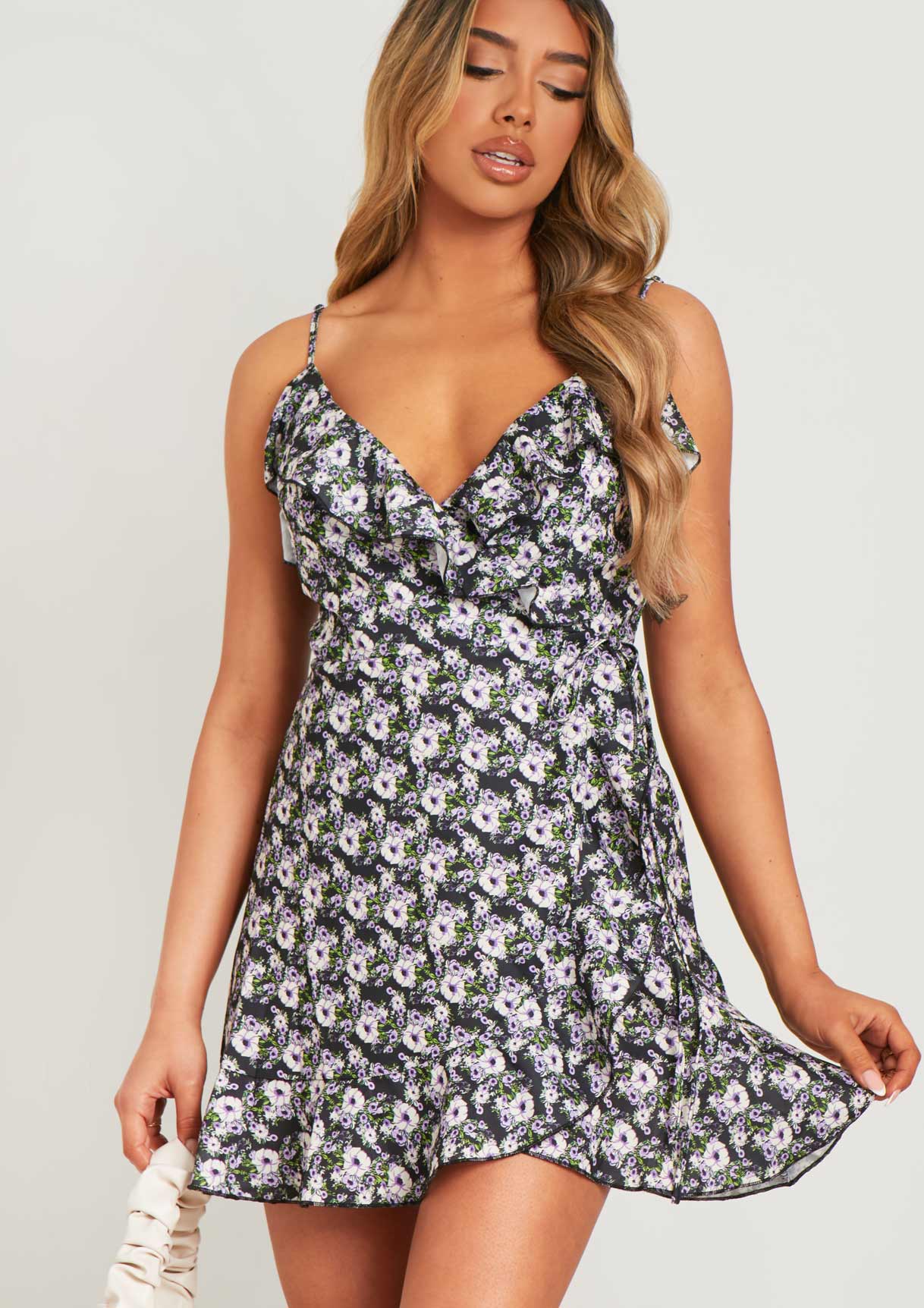 Haila Black Ditsy Floral Wrap Mini Frill Dress