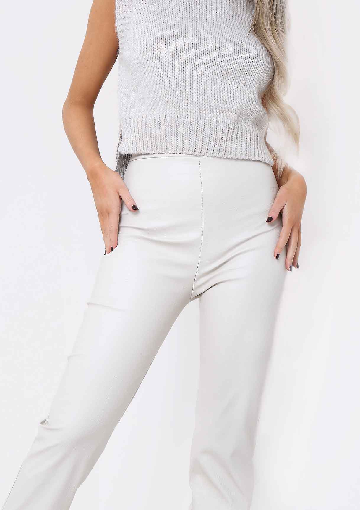 Laura Cream Croc Split Hem Leather Trousers