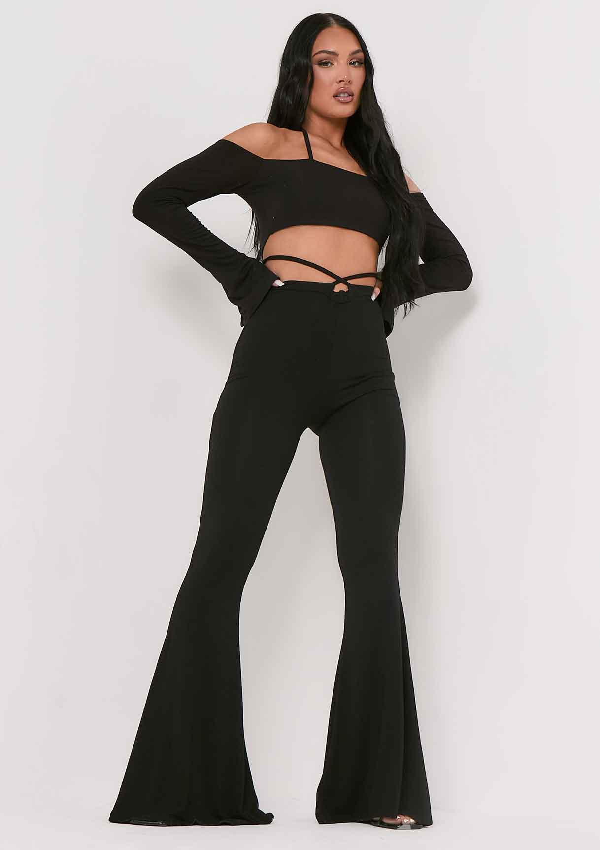 Maura Black Bardot Halterneck Strap Split Sleeve Crop Top