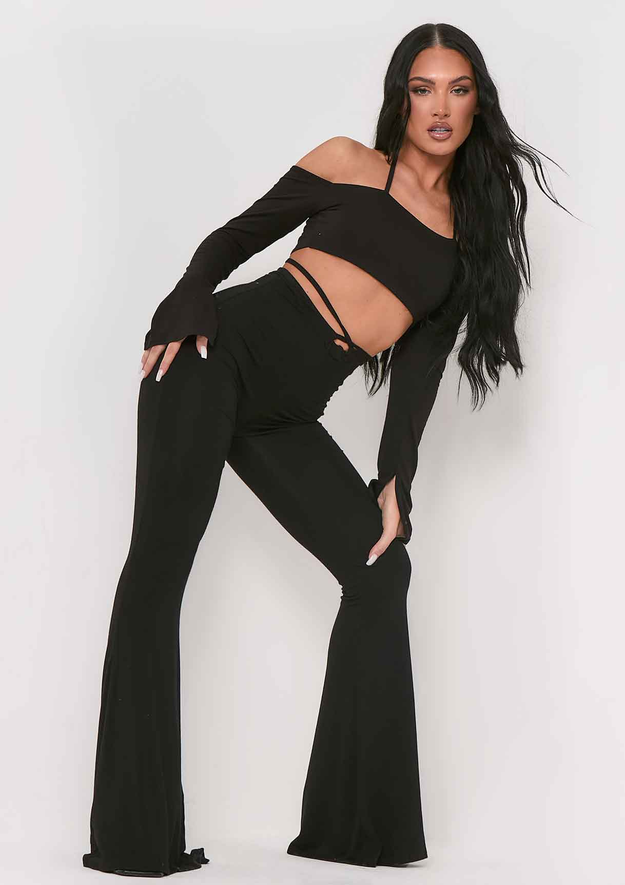 Maura Black Bardot Halterneck Strap Split Sleeve Crop Top