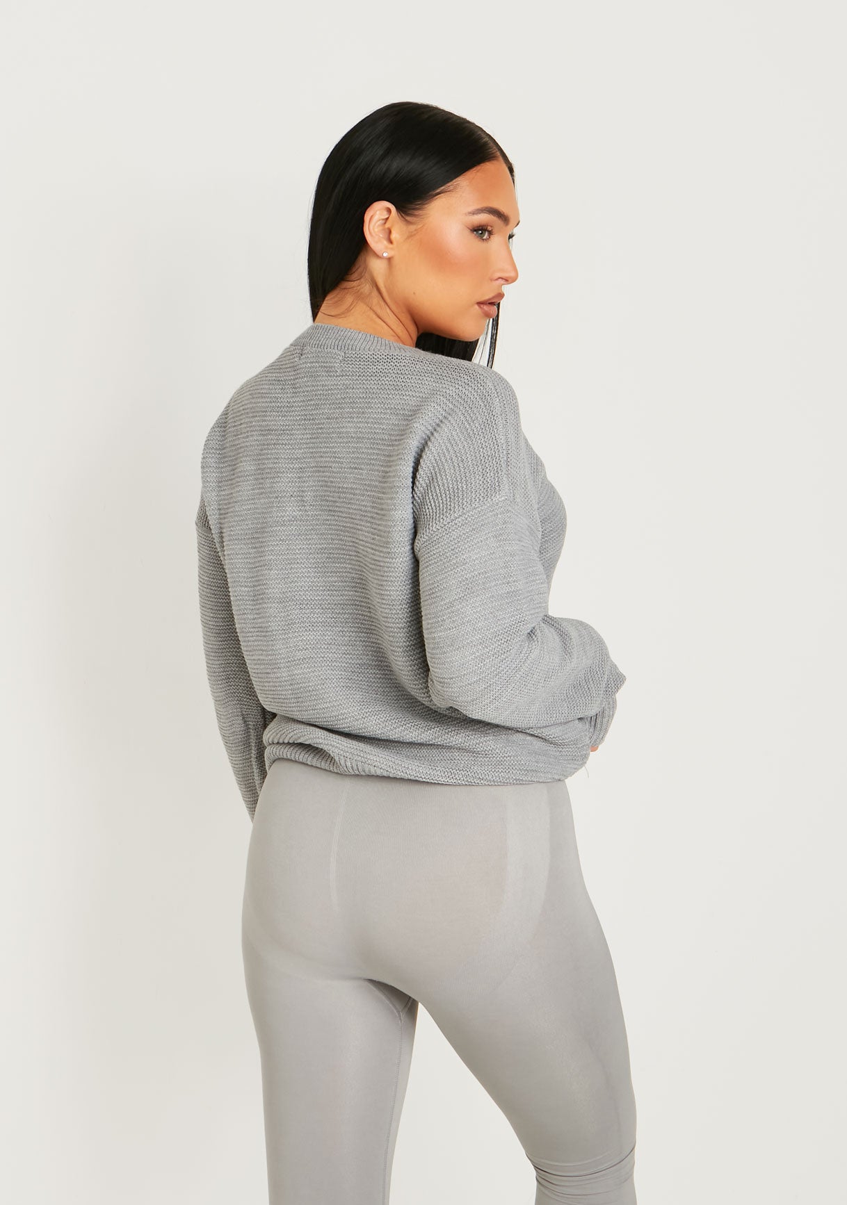 Kara Grey Ribbed Loose Fit Knitted Crew Neck Jumper