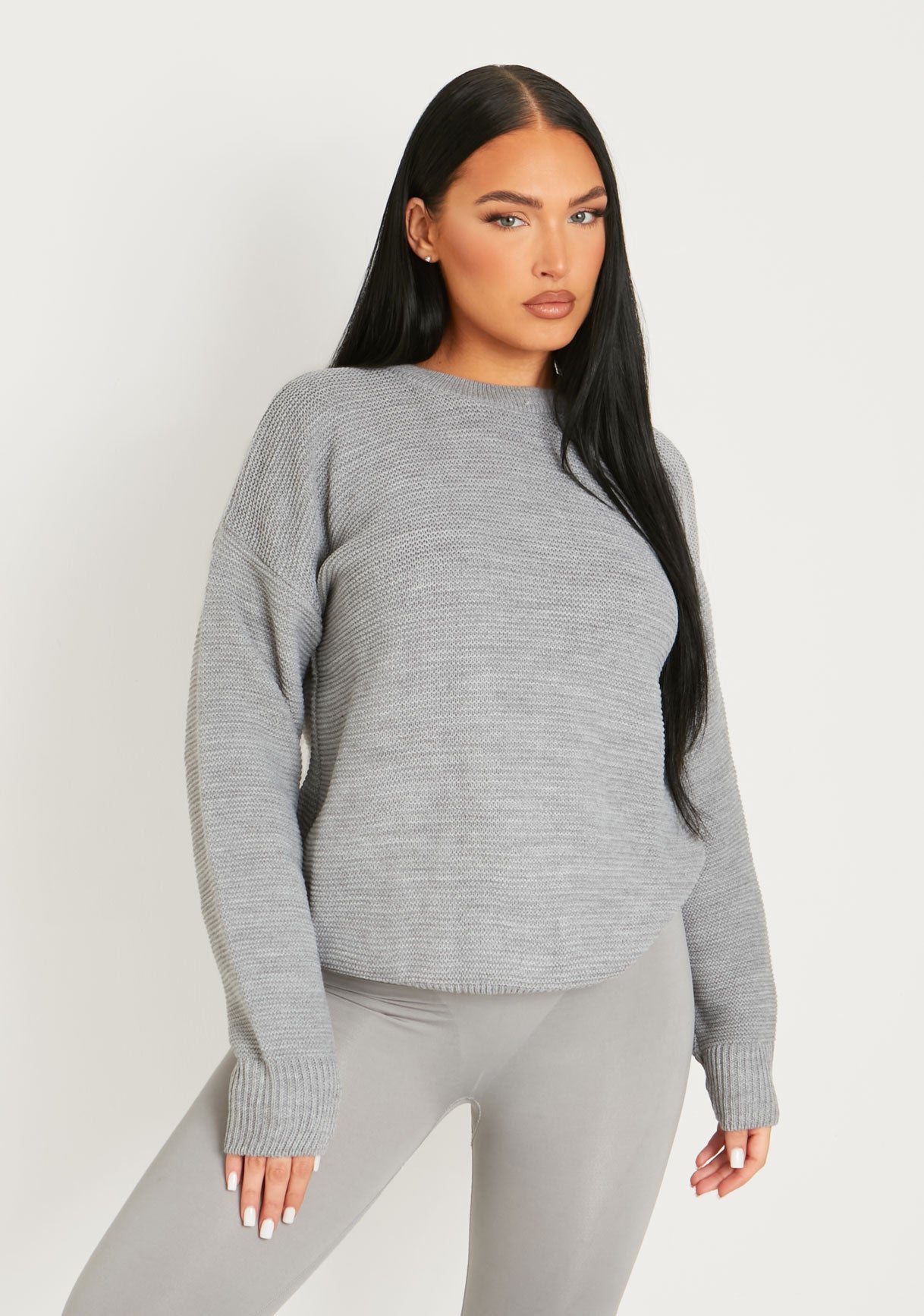 Kara Grey Ribbed Loose Fit Knitted Crew Neck Jumper