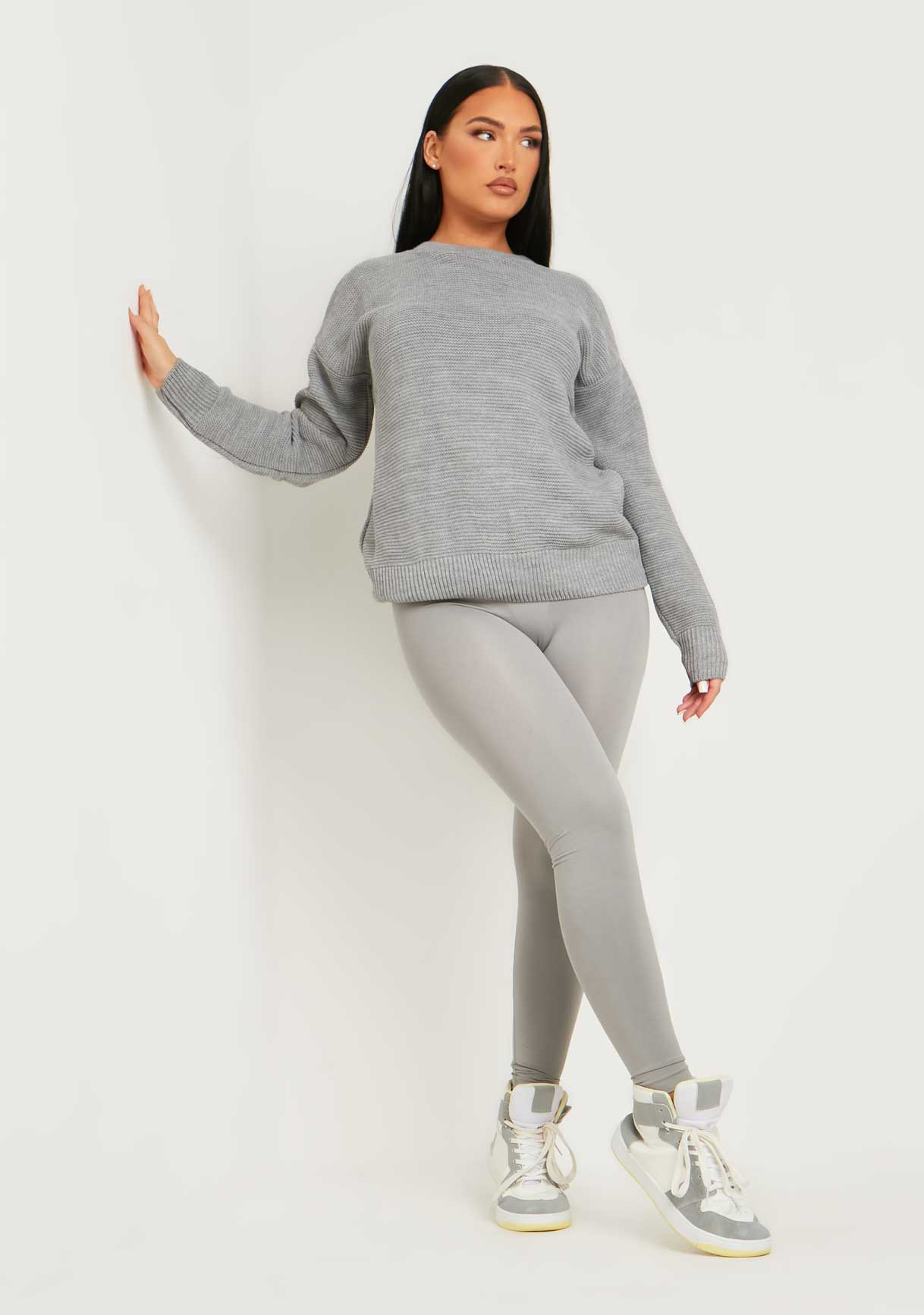 Kara Grey Ribbed Loose Fit Knitted Crew Neck Jumper