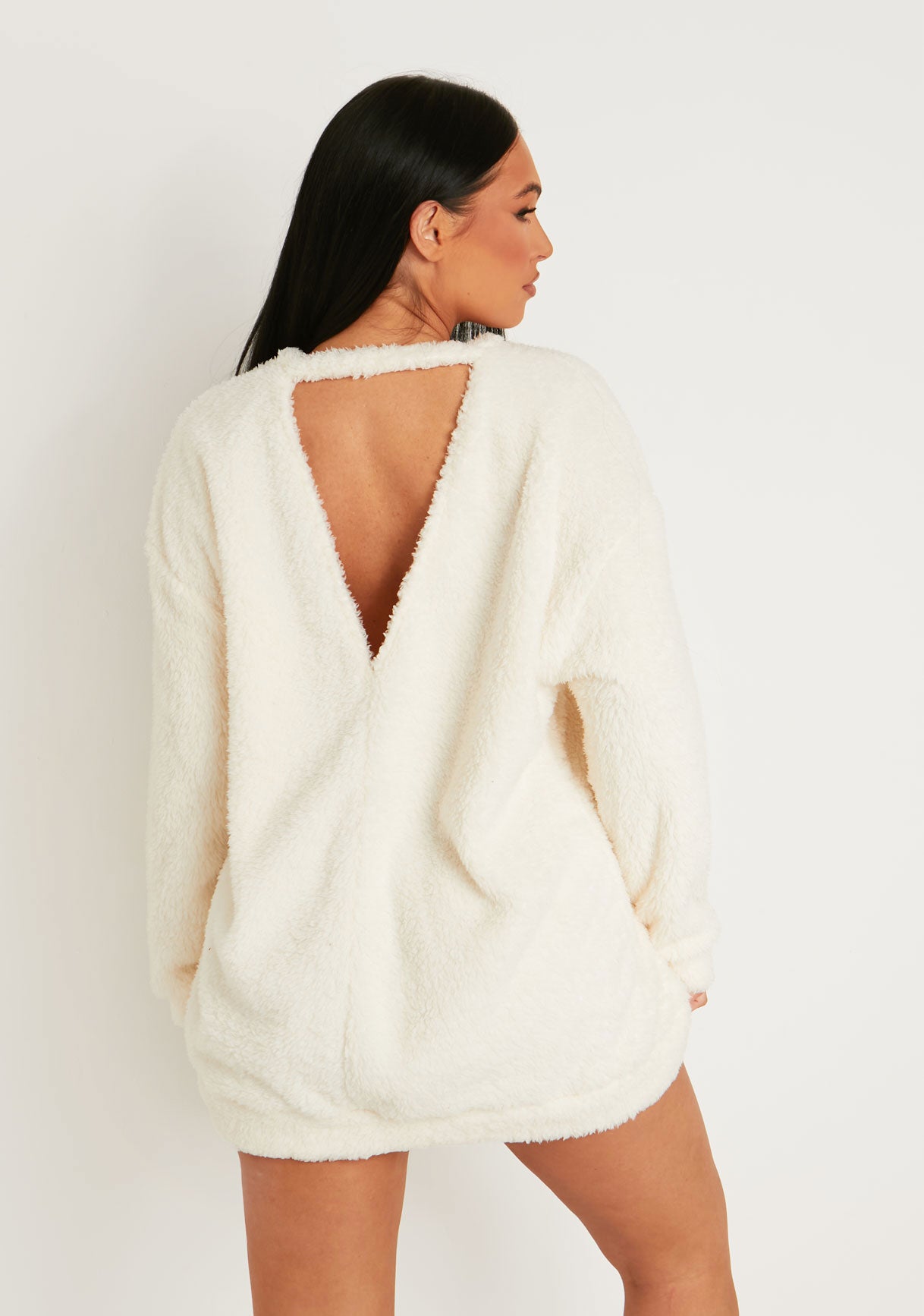 Bethany Cream Fluffy Borg V Back Jumper Dress